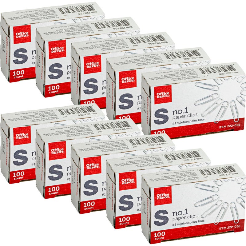 Office DepotÂ® Brand Paper Clips, No. 1 Regular, Silver, 100 Clips Per Box, Pack of 10 Boxes - Image 1